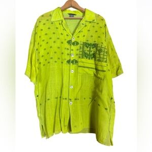 Paul Ropp neon green embroidered cotton short sleeve shirt Size Large